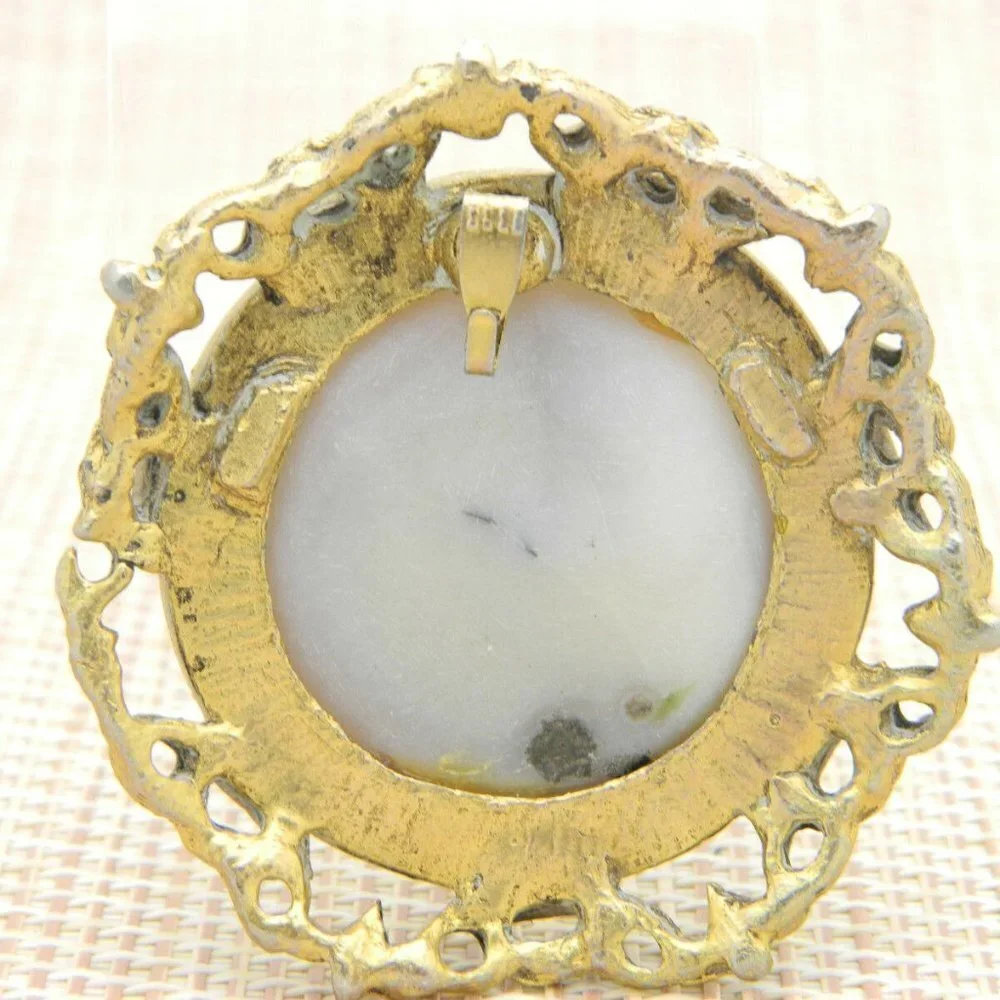Purple Gray Swirl Agate Circle Gold Tone Pendant